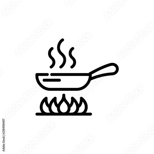 Frying pan icon with steam over a hot stove fire