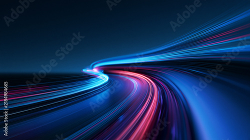 Dynamic Abstract High Speed Digital Light Trails in Curved Glowing Blue and Pink Lines
