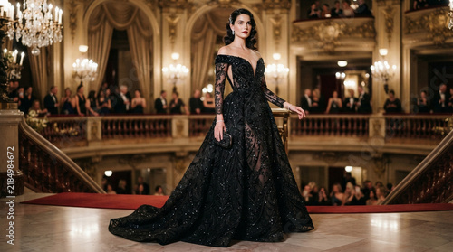 Confident woman in black gown walks down a red-carpeted runway with an audience in a grand hall.