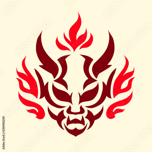 Stylized red Japanese demon mask tribal art with flames for esport logo and branding