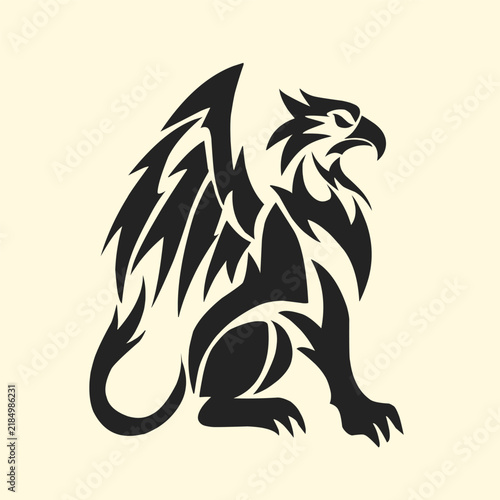 Powerful mythical griffin silhouette in tribal black ink style with spread wings and eagle head