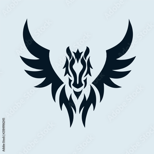 Stylized tribal pegasus silhouette with sharp wings and powerful horse head for athletic branding