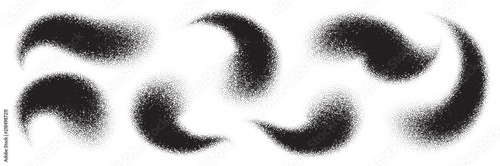 Obraz premium Grain dotted gradient blob for abstract noisy bg with black spray effect. Gray vector dust, wave and swirl of pattern texture and granular paint. Dissolved shadow of spray circle, grunge wavy vortex