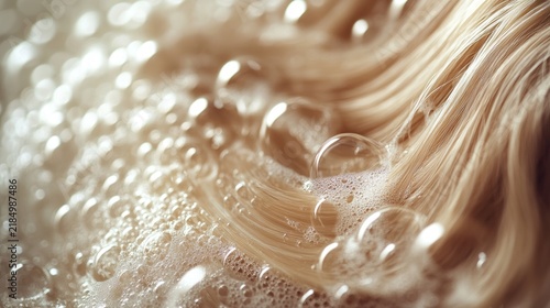 Wet blonde hair strands with rich shampoo foam bubbles in macro detail showing beauty treatment haircare cleanliness hygiene washing routine salon cosmetics fresh texture concept background closeup