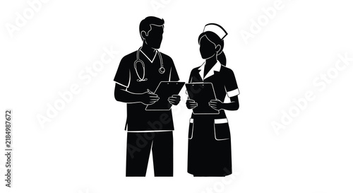 Two healthcare professionals with clipboards are depicted in a black silhouette doctor