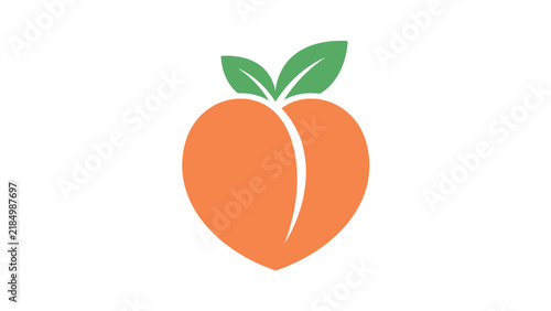 Minimalist peach icon with vibrant orange color and green leaves created in a clean vector style