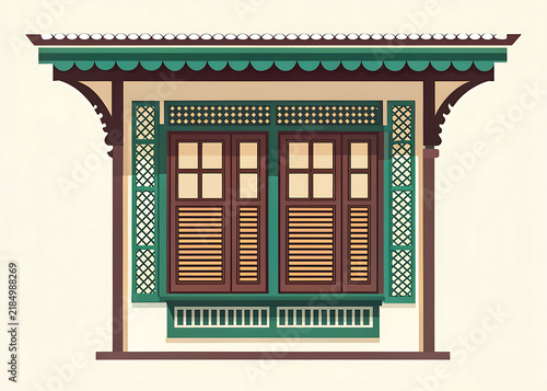 Kerala traditional window with horizontal wooden louvers and deep monsoon-protection overhang, carved teak frame, modern minimal vector illustration