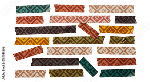 Various colorful washi tape strips with japanese floral patterns, isolated on transparent background