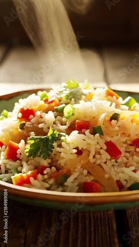A steaming bowl of fresh african food vegetable rice served on a rustic wooden table under sunlight