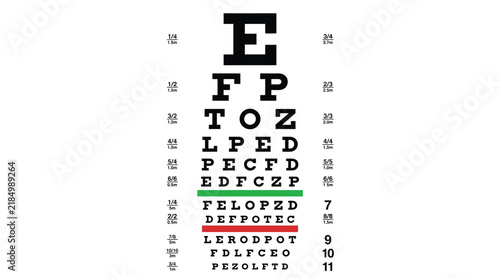 Snellen eye chart with black letters and colored lines for precise vision testing medical exams