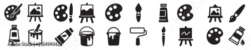 Set of 20 Art Supplies Silhouette Icons, Painting Tools Vector Illustration
