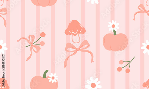 Cute seamless pumpkin and floral pattern featuring soft orange pumpkins, white daisies, berry branches, ribbon bows and whimsical mushrooms on pastel pink stripes in hand drawn flat vector style.