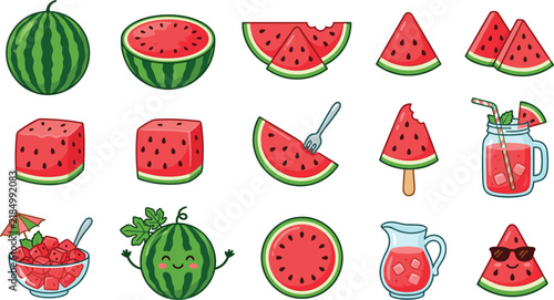 Quadro su tela Watermelon Vector Icon Set with Cute Kawaii Characters Slices Cubes Juice Jar an