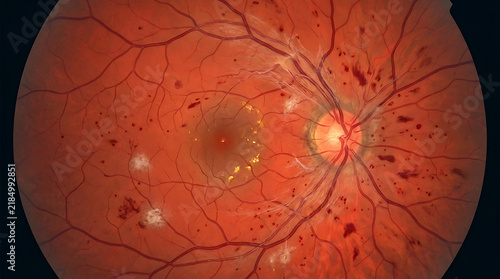 Medical Retinal Scan Showing Diabetic Retinopathy with Microaneurysms and Hemorrhages for Clinical Research and Healthcare Diagnosis