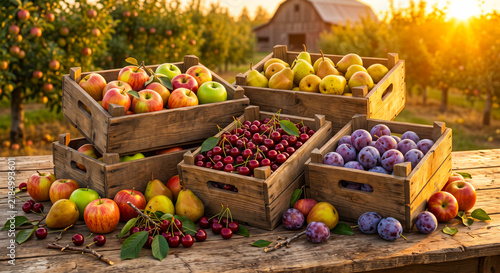 Colorful Pacific Northwest Orchard Fruits on a Rustic Farm Table