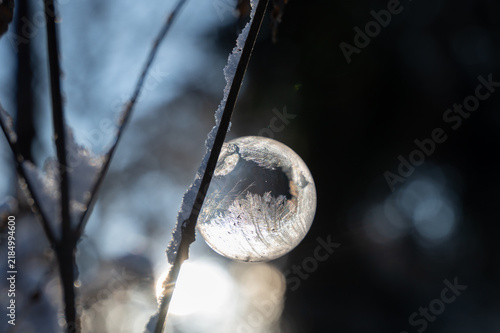 Frozen soap bubble in the snow, on a cold winter day