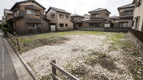 Plakat w ramie 砕石と薄い草が混ざる小さな住宅街の空き区画と戸建て住宅、生活道路と木製フェンスの景観