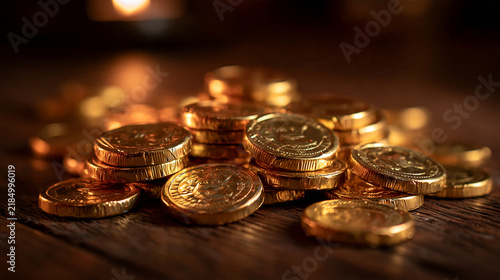 Stack of Chocolate Gold Coins on Wooden Table