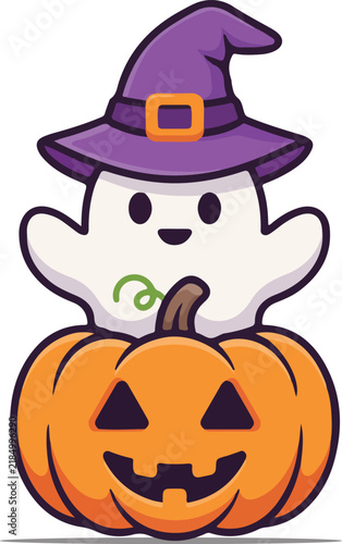 Cartoon ghost wearing a witch hat atop a jack o lantern vector illustration