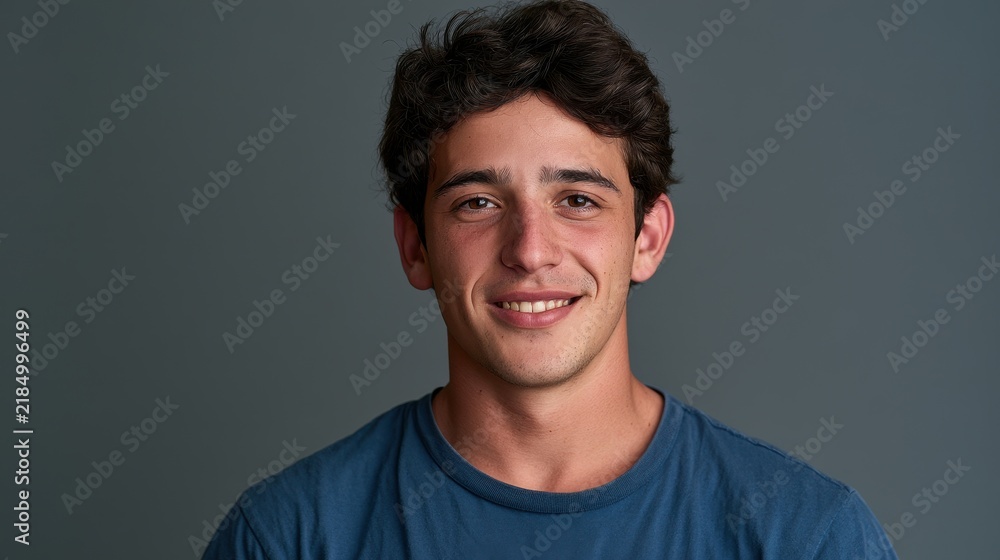 Obraz premium Close-up portrait of a smiling young man in a blue t-shirt against a gray studio backdrop