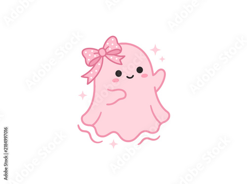 Minimalist Cute Pink Ghost Waving with Polka Dot Bow