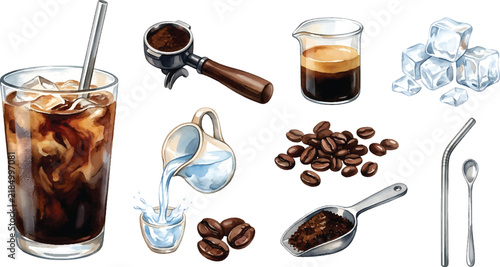 Vector Illustration Watercolor barista coffee brewing elements set with espresso cup, portafilter, ice water, and iced americano
