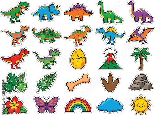 Colorful cartoon dinosaur and prehistoric nature scene stickers with transparent background
