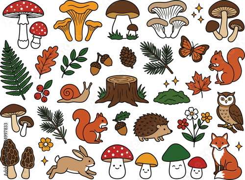 Colorful forestthemed illustration featuring animals mushrooms and nature elements on transparent background