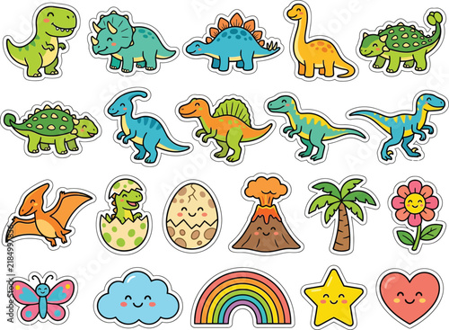 Colorful cartoon dinosaurs prehistoric animals and nature elements stickers with transparent background