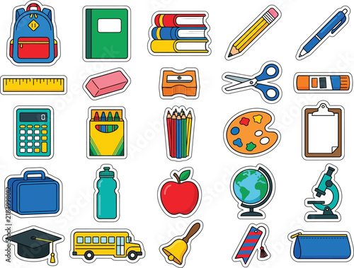 Colorful school supplies and educational items illustration with transparent background