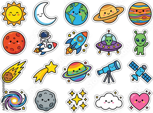 Colorful space themed stickers with planets aliens rockets and astronomy icons