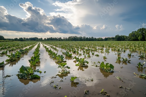 Flooded agricultural field under stormy skies.