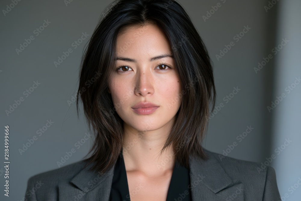 Fototapeta premium Corporate headshot featuring an Asian woman with a friendly gaze, minimalist neutral background