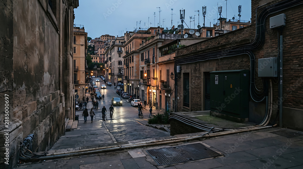 Fototapeta premium Cobblestone street in Rome at dusk with streetlights illuminating the pathway and people walking