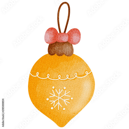 Watercolor illustration of a golden yellow Christmas bauble decorated with a snowflake pattern and a cute pink bow. Ideal for holiday greeting cards, gift tags, festive stickers, and seasonal design