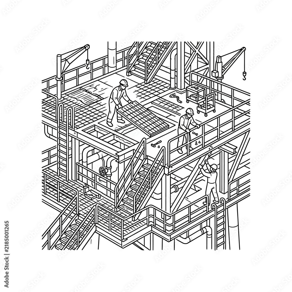 Fototapeta premium Industrial workers perform structural maintenance and floor grating installation on an offshore platform.