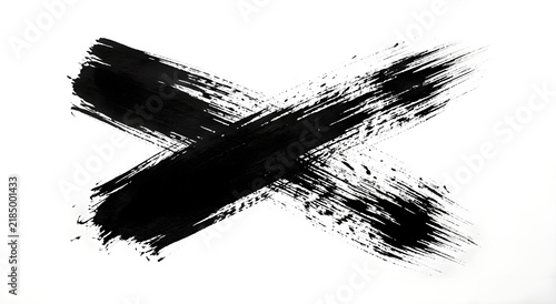 Black ink cross mark painted on white background with rough brush strokes symbolizing negation