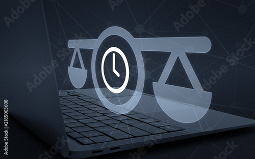 Specialized lawyer and specific law concept with digital scales of justice and clock symbol hovering over a modern laptop keyboard on a dark network background.