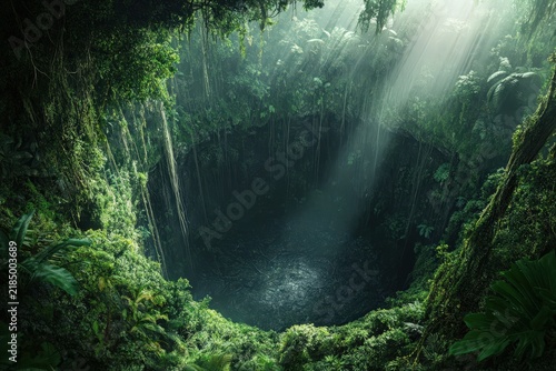 Lush vegetation surrounds a deep, sunlit chasm.