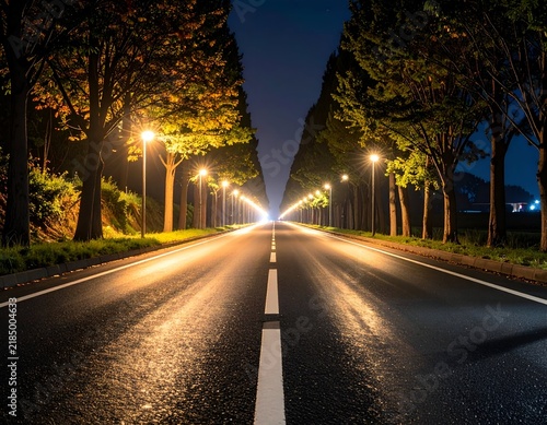 Road lined with illuminated trees stretching toward a bright, distant light at night
