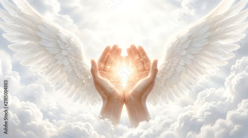 A radiant depiction of hands gently cradling a brilliant glowing orb of light set against a backdrop of ethereal swirling clouds evoking a sense of