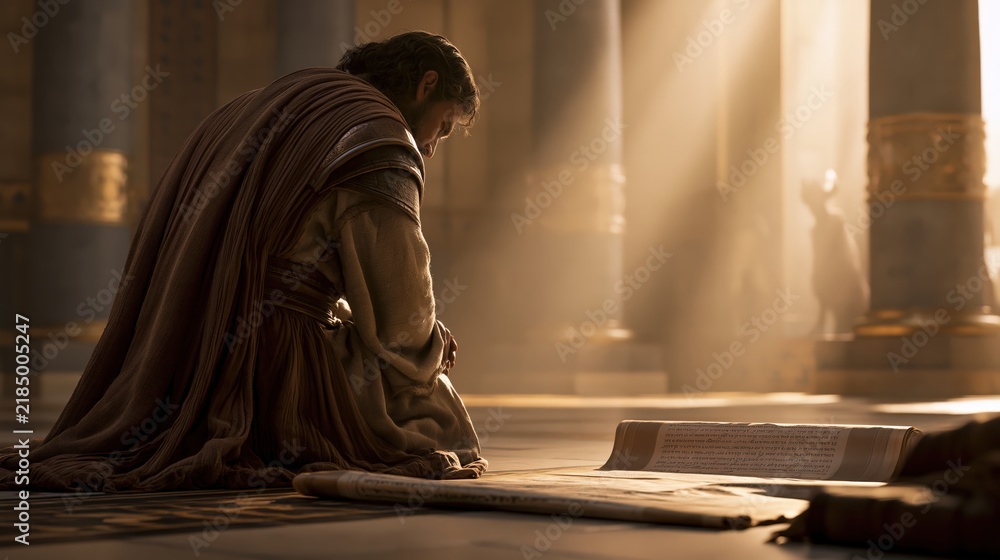 Obraz premium King Hezekiah kneeling in prayer before the Lord inside the temple during a national crisis.