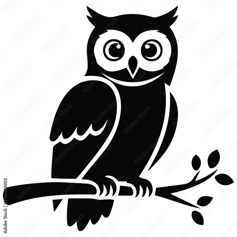 Obraz premium Cute owl silhouette perched on a leafy tree branch black and white vector illustration.