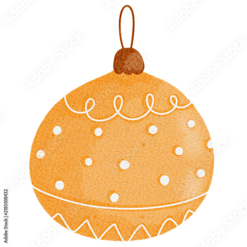 Watercolor illustration of a round golden-orange Christmas bauble decorated with white polka dots and patterns. Perfect for creating holiday greeting cards, gift tags, festive stickers