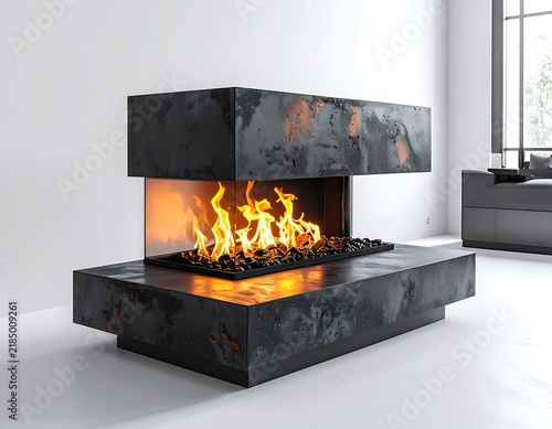 Modern fireplace design, dark metal, flames behind glass, minimalist interior