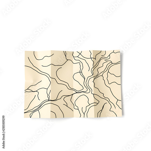 Folded paper map with black route lines on white background