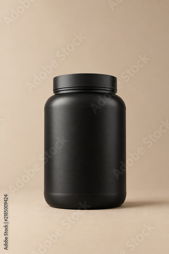 Minimal Black Protein Powder Tub Mockup on Beige Studio Background