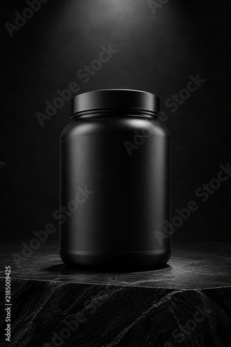 Luxury Matte Black Protein Powder Tub Mockup on Dark Stone Surface