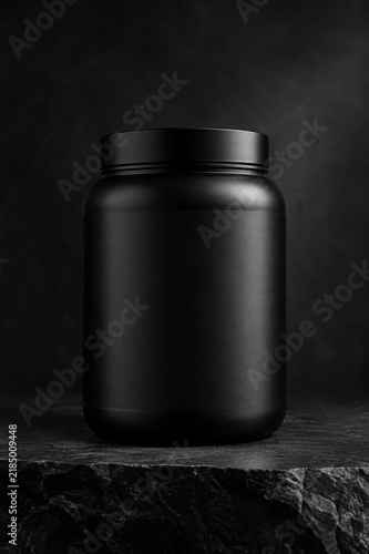 Luxury Matte Black Protein Powder Tub Mockup on Dark Stone Surface