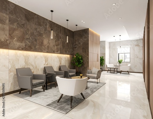 Modern lobby with waiting area, marble walls, stylish chairs, and pendant lights